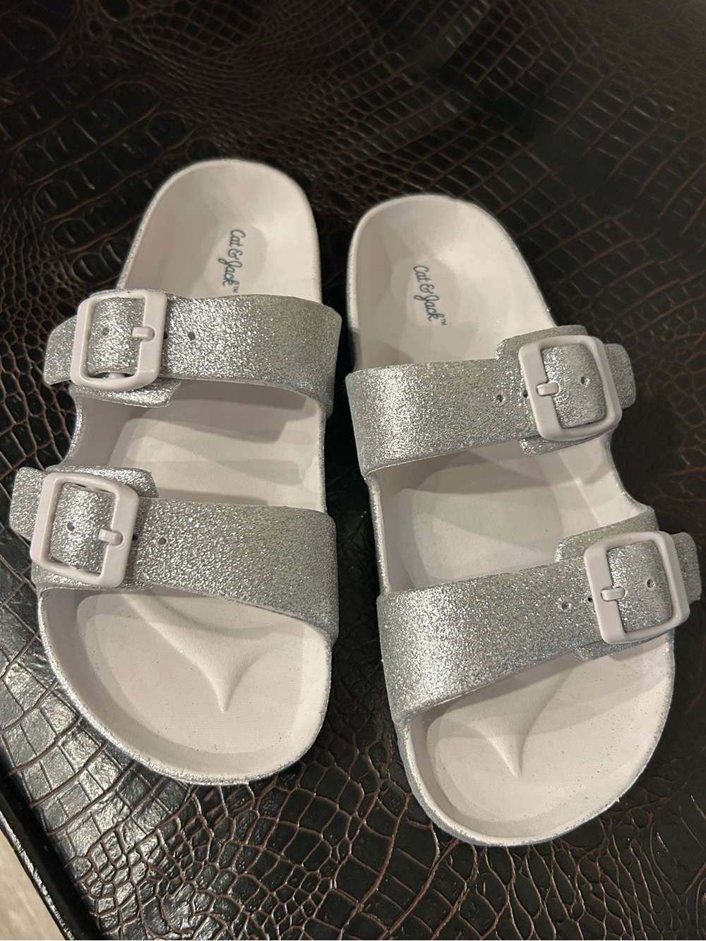Cat & Jack Silver Glitter Double-Buckle Kids Sandals size 2